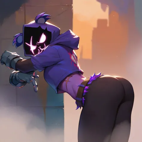 Raven team leader,purple hoodie, with no face, shadowed face, animal ears,purple skin, scar on eye, body skin, purple fur, waist belt, torso symbol, metal gloves, pointing your ass at the viewer, leaning forward, pushing, she closes her eyes, hands resting...