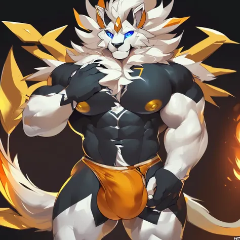 Solo, Anthro, male (((solgaleo, lion, blue sclera, muscular, big pecs, abs, yellow nipples, white fur, black body, black nose, multicolored body, multicolored fur, multicolored mane, white mane, mane, grey pecs, black chest, black abdomen, white arms, whit...