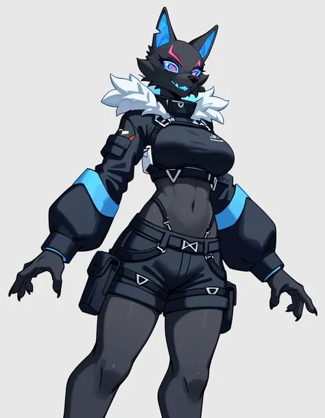 anthro, furry female, blue inner ear, black fur, black body, blue sclera, wearing black military top, black short shorts, tall a...