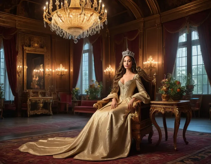 a beautiful young queen, elegant facial features, long flowing hair, detailed crown, detailed royal gown, impressive throne room...