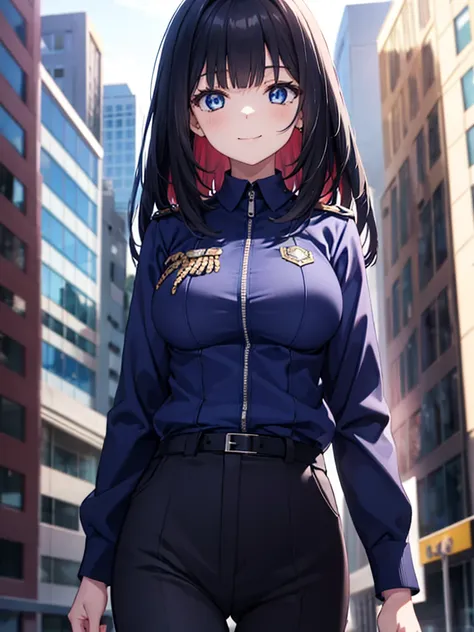 transparent,off-shoulder_sweater,1girl,slender,hime cut,straight_hair,black hair,side_blunt_bangs,blue eyes,symbol_in_eye,medium breasts,narrow_waist,huge filesize,smile,panorama,police_uniform,business_suit,