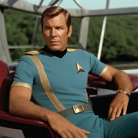 Captain James T. Kirk of the USS Enterprise NCC 1701 sits, on his chair on the bridge. Spock is standing next to him talking. Captain Kirk is wearing the uniform used, in First Contact, and has 4 pips on his collar. Spock has pointed ears, and is a blue tu...