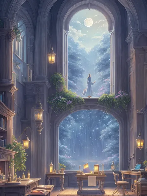 A tranquil scene unfolds in a magical lab setting: a laptop with a glowing screen rests on a desk by a large window, showcasing a serene moonlit landscape. Blue neons softly illuminate white flowers next to a tablet and PC monitor. A vocal microphone and h...