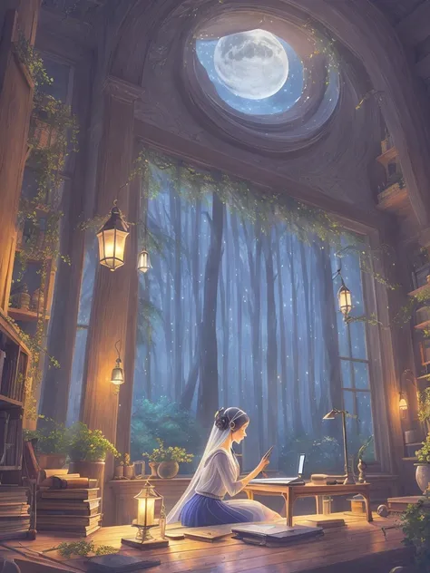 a tranquil scene unfolds in a magical lab setting: a laptop with a glowing screen rests on a desk by a large window, showcasing ...