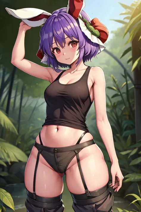 1Girl, Touhou, Reisen Inaba, Rainforest backgorund, short hair, Military pattern pants, dark brown boots, Female military tanktop (dirty), wide shot, full body, standing