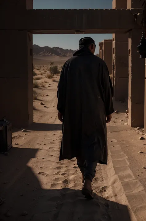 An underexposed and cinematic 3D matte paint rendering; An adult man wearing arabic robes, seen from behind, in a barren desert. He is walking in the desert. Focus on the old man; Dramatic lighting