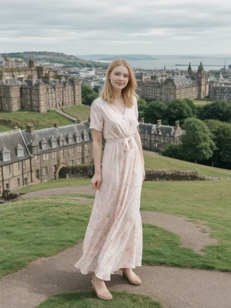 her name is Marie, high quality, 1girl, ((20-year-old fit Caucasian woman)), ((20 years old)), ((fit)), ((pale skin tone)), medium length straight blonde hair , wearing Pastel Pink Tie-Dye Maxi Dress, pose: standing, background: Detail the panoramic vistas...