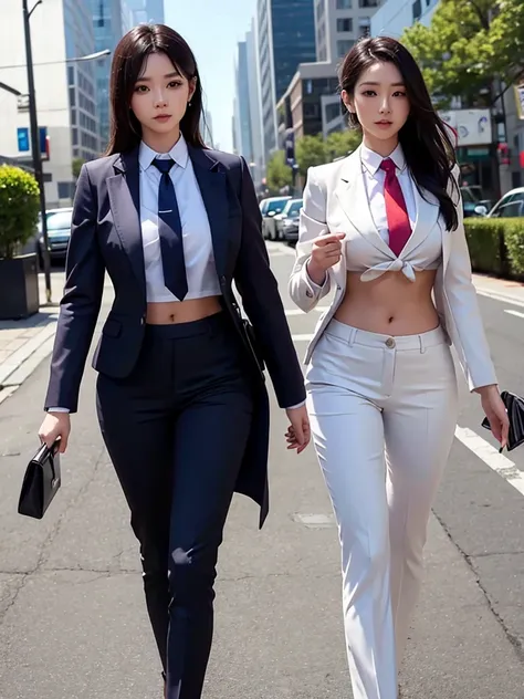 Women in Professional crop top, suit, pants, walking to work, show belly, realistic bellybutton shape, necktie, 