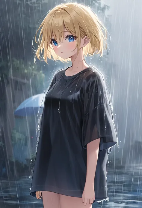 Girl, very short blonde hair, blue eyes, wearing a simple , in the rain.