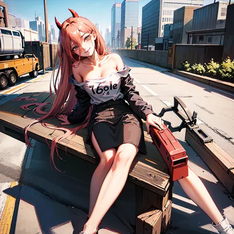 masterpiece, highly detailed, Best quality, ultra high res, 1girl,  (76-1Shirt:1.2),  horns, long hair, looking at viewer, medium breasts,  outdoor, power (chainsaw man), Strapless, smile, bent over, 76 shirt, day