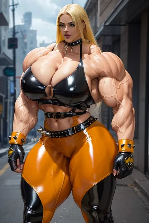 (((Massive tall, beautiful, buff, light brown skinned muscular woman with yellow hair, black lipstick, ginormous bulky muscles and wearing a beautiful latex suit with latex pants))), (close-up picture), massive muscles, massive biceps, hyper muscle shoulde...