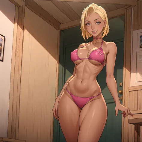 Hani, ((short blonde hair, glowing pink eyes, makeup, narrow waist, skinny, medium breasts)), pelvic curtain, ((yelloow bikini)), full body, perfect body, (insanely detailed, beautiful detailed face, masterpiece, best quality) , (((solo))), (((1girl))), ((...