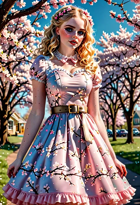 A beautiful sensual, curvy blonde kid wearing a sweet Pink Party Contrast Mesh, Ruffle Hem, All Over cherry blossoms Print, A Line, Short puff Sleeves, Sweetheart neckline, thin gold belt with tiny heart buckle, High Waist,Flounce hem Long gown, very long ...