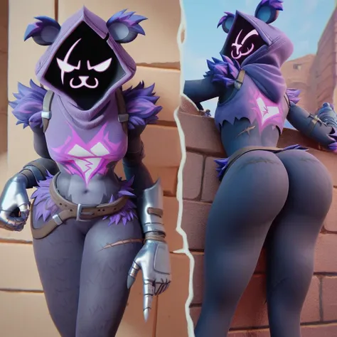 Raven team leader,purple hoodie, with no face, shadowed face, animal ears,purple skin, scar on eye, body skin, purple fur, waist belt, torso symbol, metal gloves, pointing your ass at the viewer, leaning forward, pushing, she closes her eyes, hands resting...