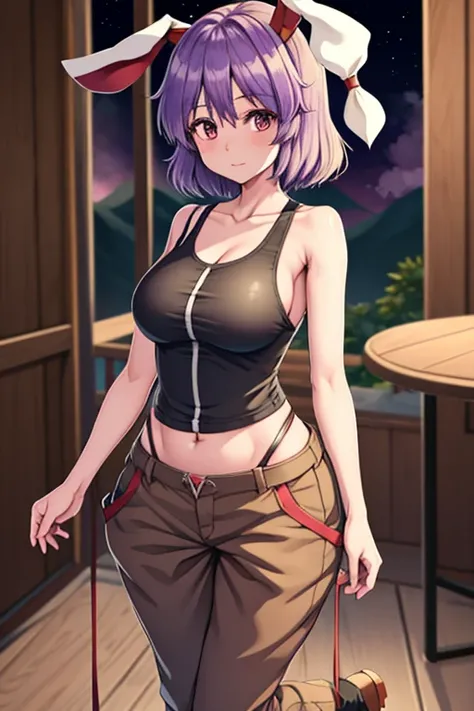 1Girl, Touhou, Reisen Inaba, Rainforest backgorund, short hair, purple light hair color, Military pattern pants, dark brown boots, Female military tanktop (dirty), wide shot, full body, standing