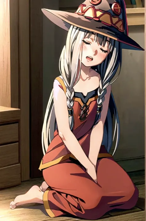 ((masterpiece)), (best quality), (ultra-detailed), photorealistic, (best illustration), ((an extremely delicate and beautiful)), 1girl, solo, long hair, tiger ears, white hair, two-tone hair, facing viewer, barefoot, megumin clothes, witch hat, megumin hat...