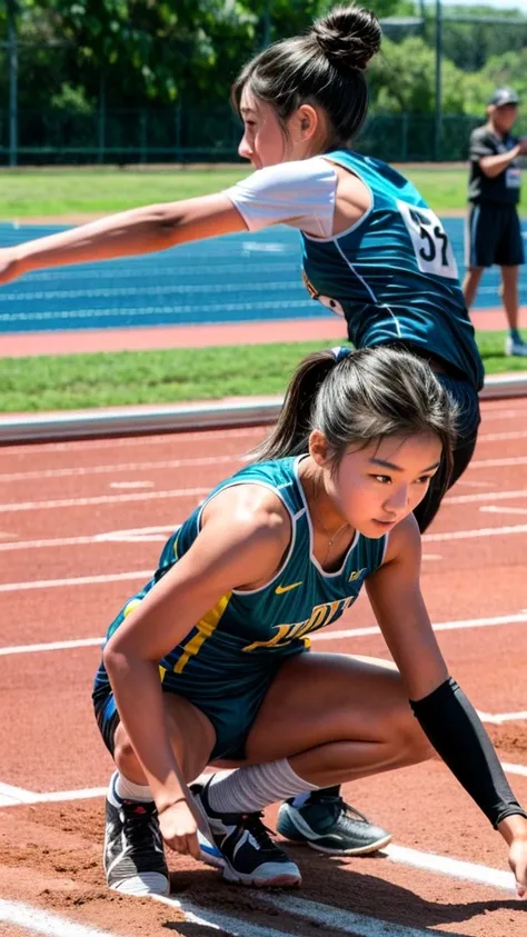 Beautiful middle school track and field athlete、Crouching Start、Start Dash