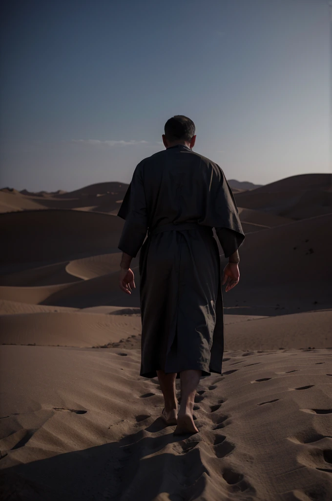 An underexposed and cinematic 3D matte paint rendering; An adult man wearing arabic robes, seen from behind, in a barren desert. He is walking in the desert. Focus on the old man; Dramatic lighting