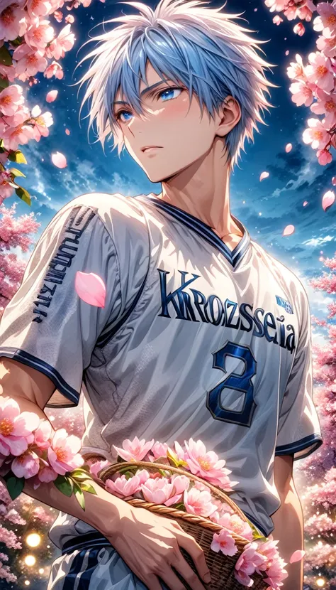 Ultra detailed, highres, absurdres, HDR, master piece, Kuroko Tetsuya, light blue hair, expressive light blue eyes, Kuroko No Basket, fantasy, pink petals, pink flowers, handsome, sexy man, solo, best quality, blossoms, blue shining fireflies, white basket...