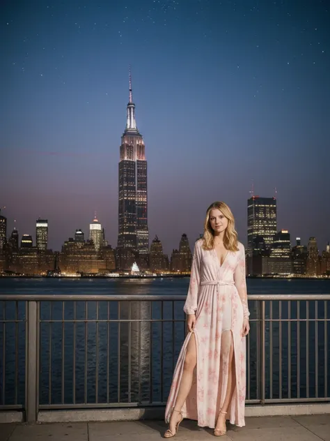 her name is Marie, high quality, 1girl, ((20-year-old fit Caucasian woman)), ((20 years old)), ((fit)), ((pale skin tone)), medium length straight blonde hair , wearing Pastel Pink Tie-Dye Maxi Dress, pose: standing, background:Describe the iconic New York...