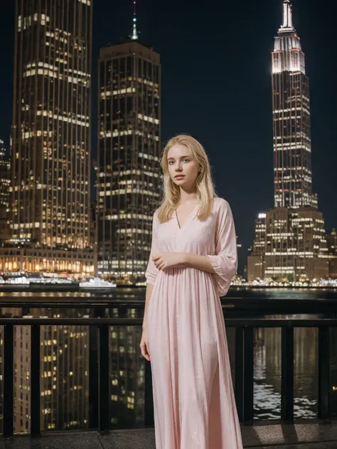 her name is Marie, high quality, 1girl, ((20-year-old fit Caucasian woman)), ((20 years old)), ((fit)), ((pale skin tone)), medium length straight blonde hair , wearing Pastel Pink Tie-Dye Maxi Dress, pose: standing, background:Describe the iconic New York...