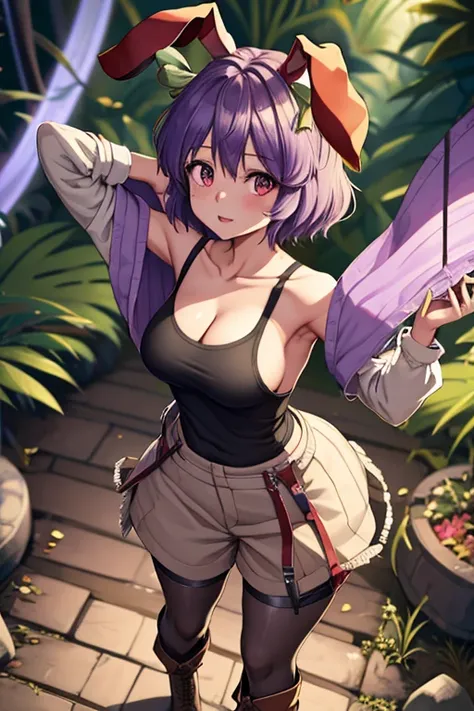 1Girl, Touhou, Reisen Inaba, Rainforest backgorund, short hair, purple light hair color, Military pattern pants, dark brown boots, Female military tanktop (dirty), wide shot, full body, standing