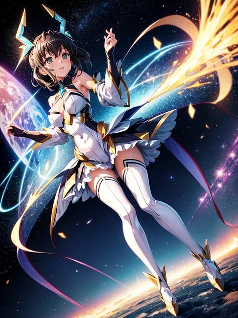 Highest quality,Highest Resolution,A beautiful girl in a metallic high-leg outfit, like Tsubasa Kazanari from Symphogear,Earth Behind,universe,Milky Way,Black Hair,