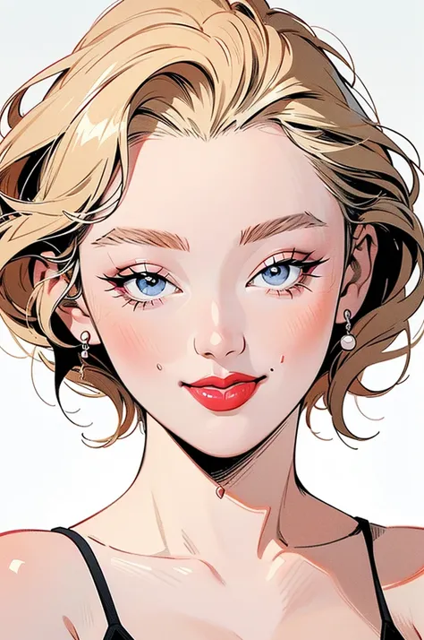 ((Manga illustration)), ((Marilyn Monroe)) close up portrait ,solo , medium short hair,  looking at viewer, blush , smile , happy , red lipstick,close up portrait, solo, focus on eyes, plain background, (in vector style), ((monochrome Manga drawing))