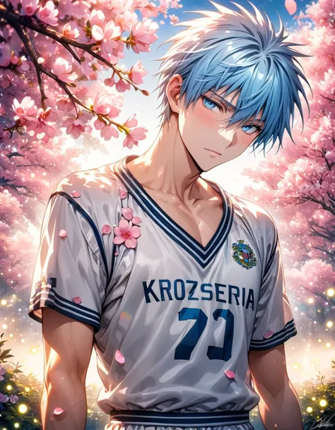 Ultra detailed, highres, absurdres, HDR, master piece, Kuroko Tetsuya, light blue hair, expressive light blue eyes, Kuroko No Basket, fantasy, pink petals, pink flowers, handsome, sexy man, solo, best quality, blossoms, blue shining fireflies, white basket...