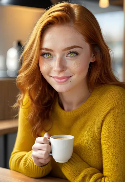 cute beautiful ginger woman with freckles with yellow sweater (drinking coffee in a modern café at sunset), muito detalhado, 19 ...