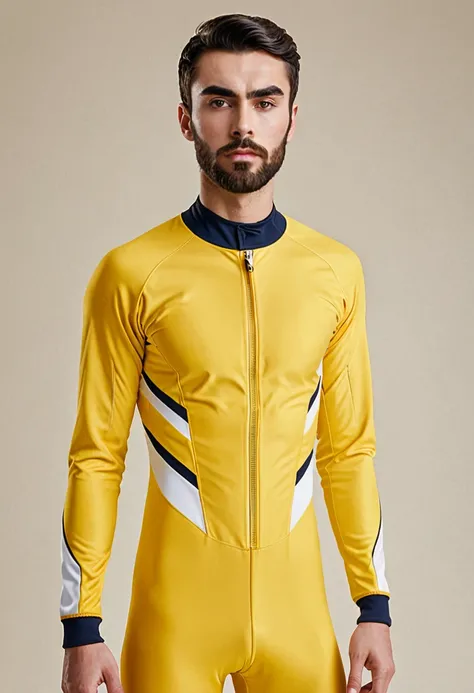 A serious-looking young man with short dark hair and a neatly trimmed beard, penetrating eyes, thick eyebrows, robust facial features, wearing a form-fitting yellow and white speedsuit with protective details, long sleeves, and yellow boots integrated into...