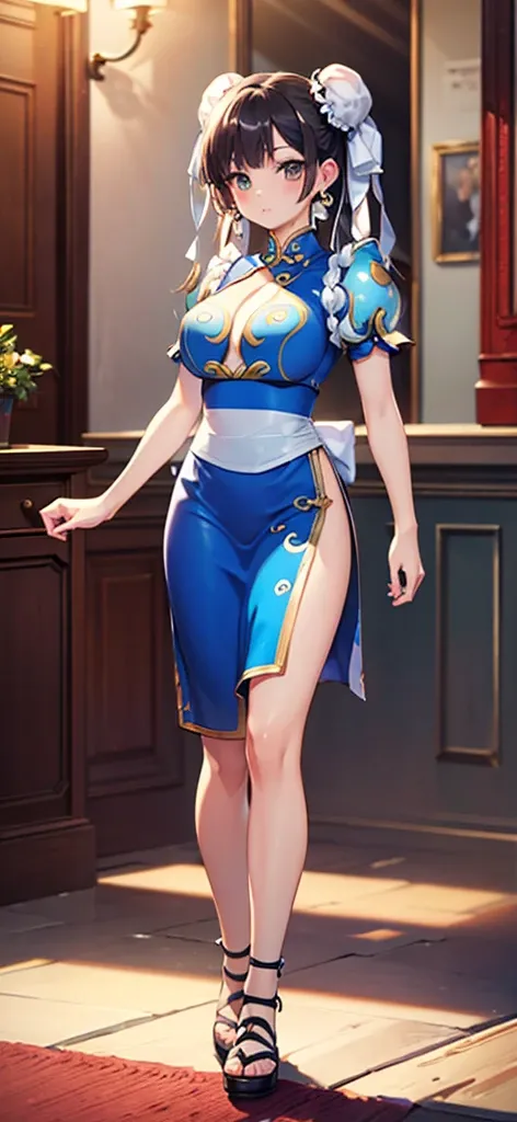 Chun-Li,((masterpiece)), ((best quality)), ((ultra detailed)), ((kawaii)), cute, (lovely), ((extremely detailed)), ((8K)), (beautiful), full body,solo, standing