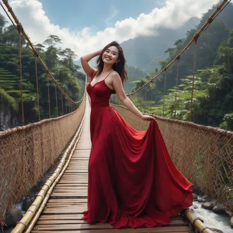 slightly fat Indonesian woman wearing a long red dress standing posing on a suspension bridge made of bamboo, she is happy, smiling, stylish dynamic pose, natural beauty, natural make up, beautiful natural scenery, enchanting blue sky, lens flare, Taken us...