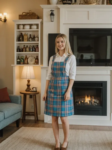 her name is Marie, high quality, 1girl, ((20-year-old fit Caucasian woman)), ((20 years old)), ((fit)), ((pale skin tone)), medium length straight blonde hair , wearing Pastel Sky Blue Plaid Pinafore Dress, pose: standing, background: Detail the cozy atmos...