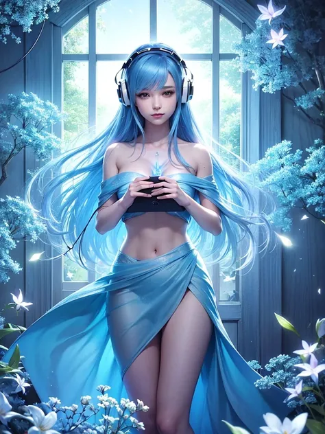 In a magical lab bathed in moonlight, a laptops glowing screen reveals a serene landscape beyond a large window. Soft blue neons illuminate white flowers by a tablet and PC, hinting at a creative aura. A vocal microphone and headphones add to the enchantin...