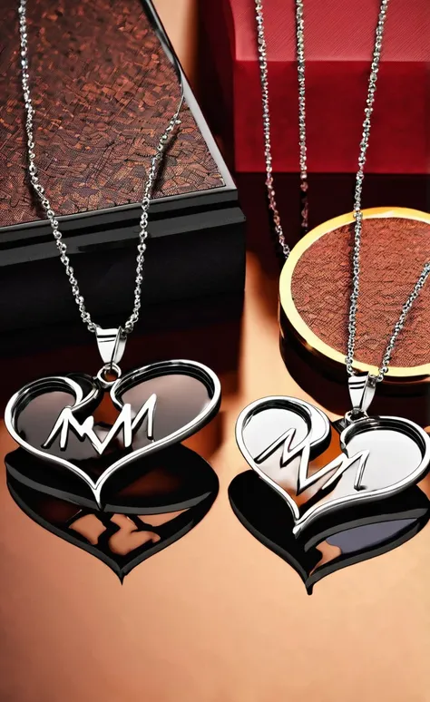 Heart Shaped Couple Necklaces with Initials M.   AND