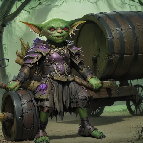 a small male goblin (1.40m), green skin, bald, frowning, scar on the face, purple left iris, black right eye iris, with a staff ...