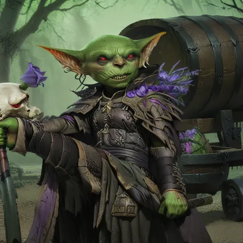 a small male goblin (1.40m), green skin, bald, frowning, scar on the face, purple left iris, black right eye iris, with a staff ...