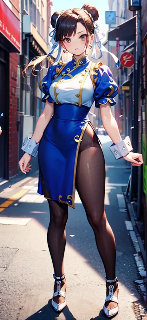 Chun-Li,((masterpiece)), ((best quality)), ((ultra detailed)), ((kawaii)), cute, (lovely), ((extremely detailed)), ((8K)), (beautiful), full body,solo, standing,street fighter