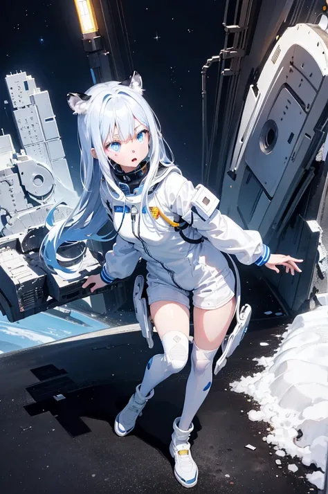 NSFW， 1 girl， Official anime art illustration， Tiger ear closeup， by white， exposed skin， ， （bright blue eyes）， Space suit， （Girl standing on the street）， perfect， incredibly detailed， 8k， UHD， Masterpiece， The best quality， ultra-detailed， Complex，