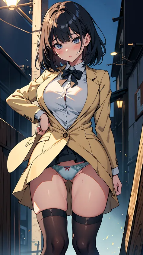 high school girl、Browsing Caution, 1boy and 1girl, In underwear、Back alley at night、teenager、Blazer uniform、Beautiful woman、Very thick thighs、Very short skirt、Flip up your skirt to show off your crotch、Acme Face、Seducing the audience、Best image quality、Hig...