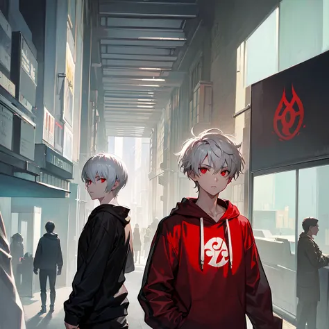 A young man with short white hair, red eyes, masculine face. Wearing a black hoodie with gray details. He is standing, looking to the side. On a center of a city. Dungeons and Dragons art direction, studio ghibli Style