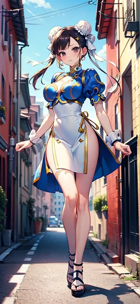 Chun-Li,((masterpiece)), ((best quality)), ((ultra detailed)), ((kawaii)), cute, (lovely), ((extremely detailed)), ((8K)), (beautiful), full body,solo, standing,street fighter