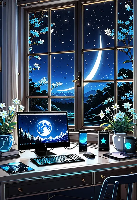 on the desk、No people、Tablet、liquid crystal、moon、PC Monitor、liquid crystalTablet、smartphone、wall、Dark atmosphere、Blue Neon、Blue Star、keyboard、Vocal Microphone、headphone、Large windows、scenery、white flowers and a laptop on a desk in front of a window, a digi...