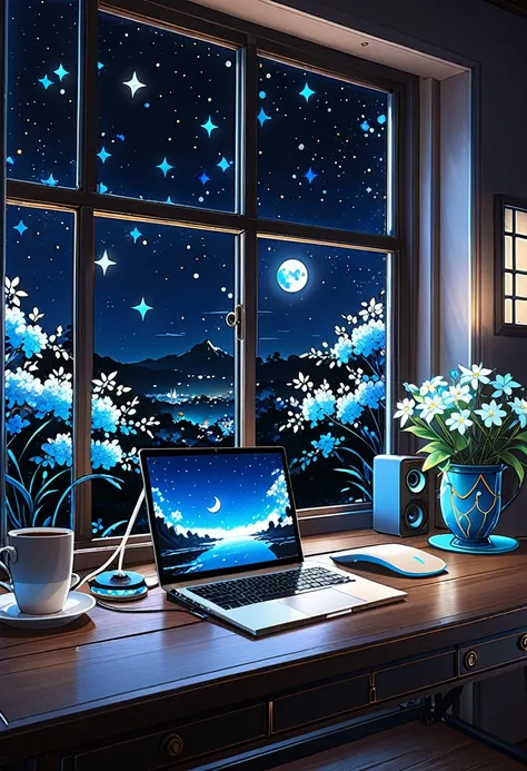 on the desk、No people、Tablet、liquid crystal、moon、PC Monitor、liquid crystalTablet、smartphone、wall、Dark atmosphere、Blue Neon、Blue Star、keyboard、Vocal Microphone、headphone、Large windows、scenery、white flowers and a laptop on a desk in front of a window, a digi...