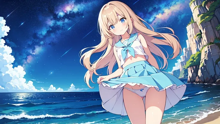 A nice white shirt that lets you see. 、Light blue flared skirt with ruffles、She lifts her skirt with both hands to show off her pretty white underwear.、Cute white underwear visible when you lift your skirt.、sandy beach, beautiful sea, night and starry sky ...