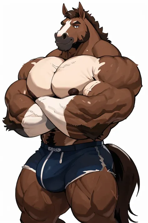 Horse man, exaggeratedly muscular, detailed eyes, prominent and dilated veins, alpha male, huge pecs (huge: 2.5), sensual expression, nicebulge, sexy pose, full body, (white background).