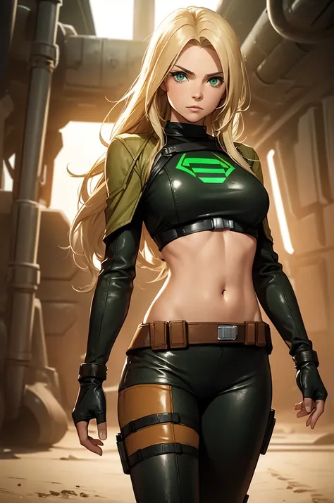 Female smuggler from Star Wars. Tatooine background. Young, fit. Blonde longer hair. Green eyes. Wearing tight leather brown leggings with a belt. 