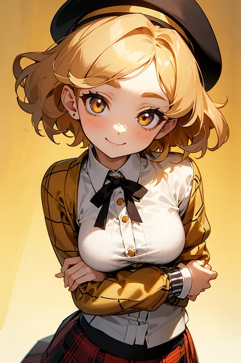 cute woman, gorgeous and beautiful face, a smile in her face, short curly hair, golden hair, big eyes, golden eyes, wearing a plaid jacket, a shirt, a skirt and a beret, small breast, anime style.