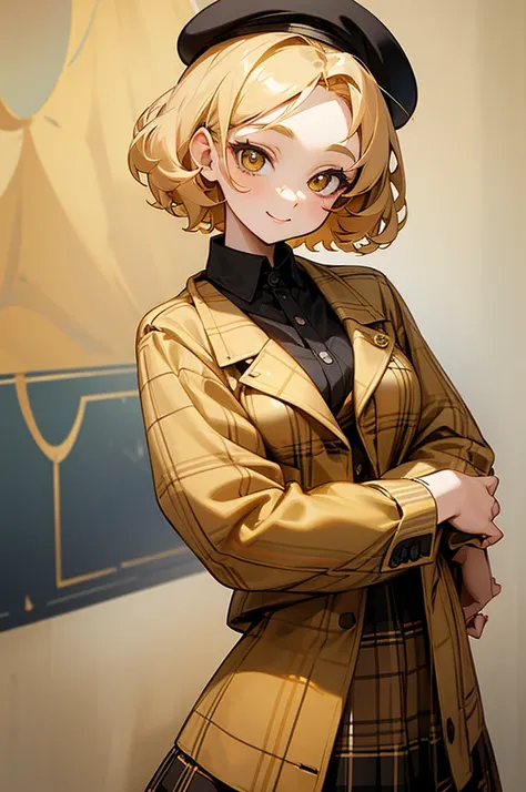 cute woman, gorgeous and beautiful face, a smile in her face, short curly hair, golden hair, big eyes, golden eyes, wearing a plaid jacket, a shirt, a skirt and a beret, small breast, anime style.